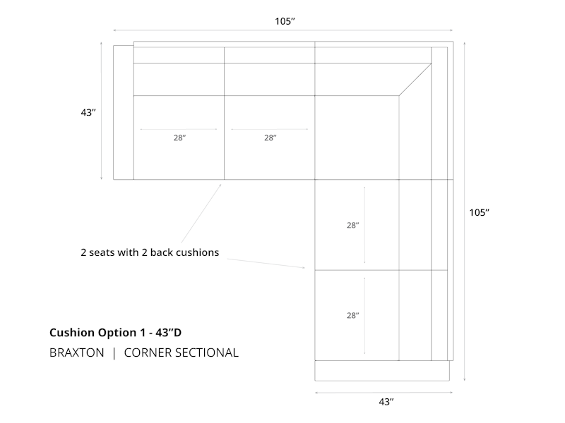 Diagram of Braxton Corner Sectional Sofa in 43 depth and cushion option 1
