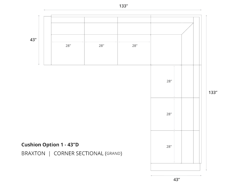 Diagram of Braxton Grand Corner Sectional 43 inch depth cushion option 1