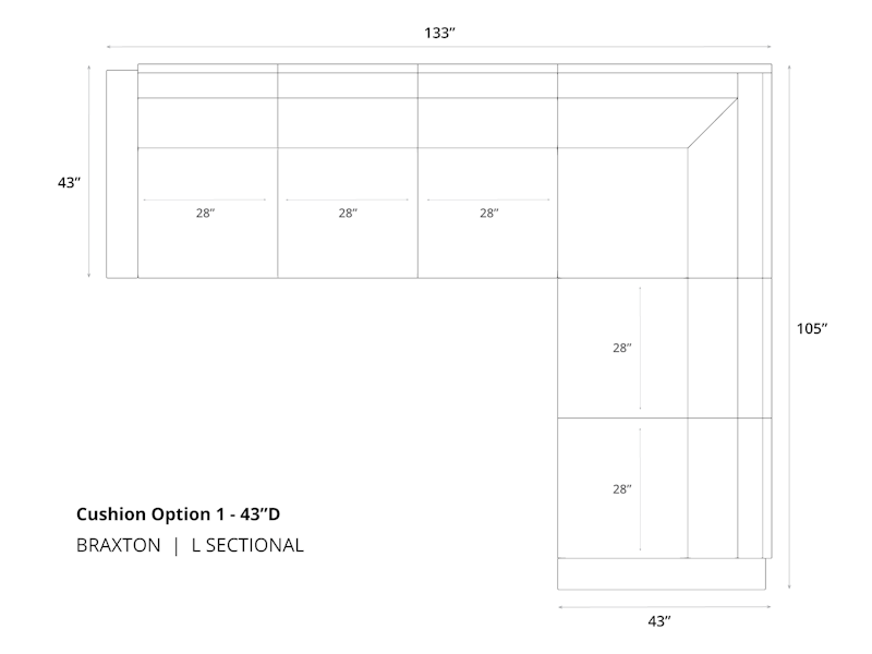 Diagram of Braxton L Sectional Sofa in 43 depth and cushion option 1