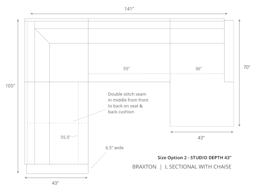 Diagram of Braxton L Sectional with Chaise 43 inch depth size option 2