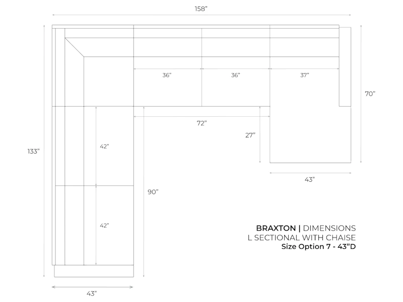 Diagram of Braxton L Sectional with Chaise in 43 depth and size option3