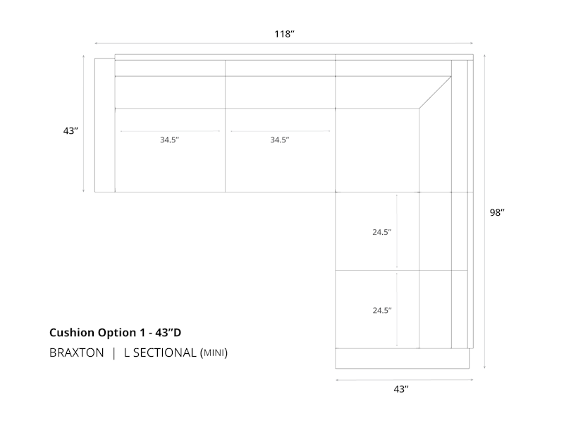 Diagram of Braxton Mini L Sectional Sofa in 43 depth and cushion option 1