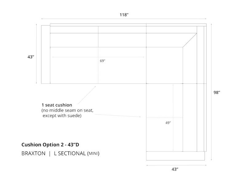 Diagram of Braxton Mini L Sectional Sofa in 43 depth and cushion option 2