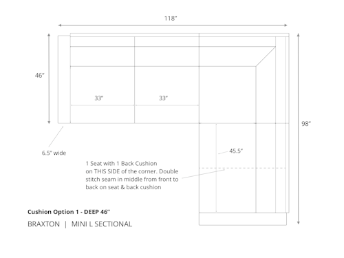 Diagram of Braxton Mini L Sectional Sofa in 46 depth and cushion option 1