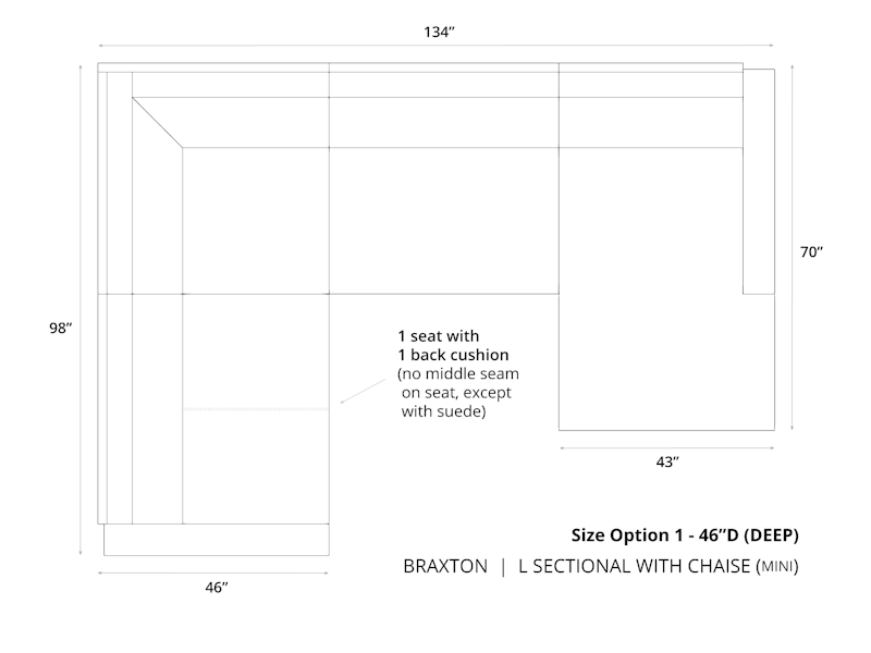 Diagram of Braxton Mini L Sectional with Chaise in 46 depth and cushion option 1