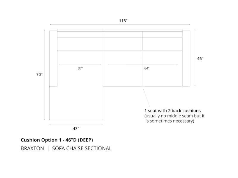 Diagram of Braxton Sofa Chaise Sectional cushion option 1 in 46 inch depth