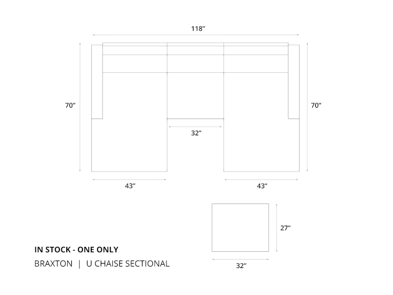 Diagram of Braxton U Chaise Sectional size option 1 in 43 inch depth