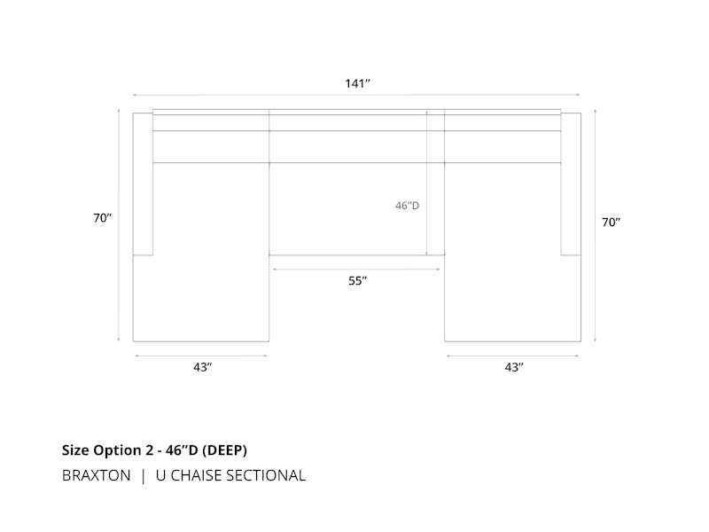 Diagram of Braxton U Chaise Sectional size option 2 in 46 inch depth