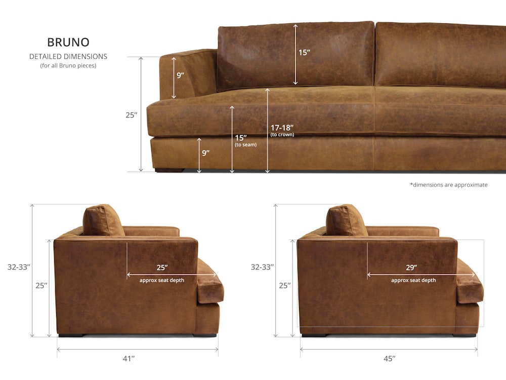 Diagram of Bruno Leather Furniture Dimensions
