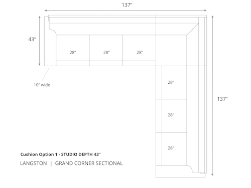 Diagram of Langston Grand Corner Sectional in 43 inch depth cushion option 1