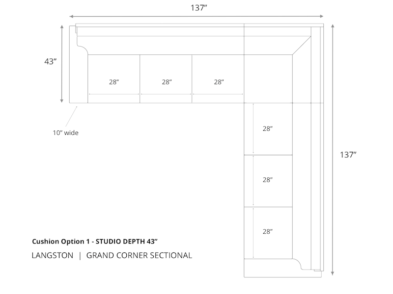 Diagram of Langston Grand Corner Sectional in 43 inch depth cushion option 1