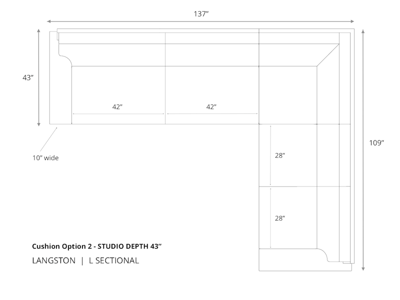 Diagram of Langston L Sectional Sofa in 43 inch depth cushion option 2