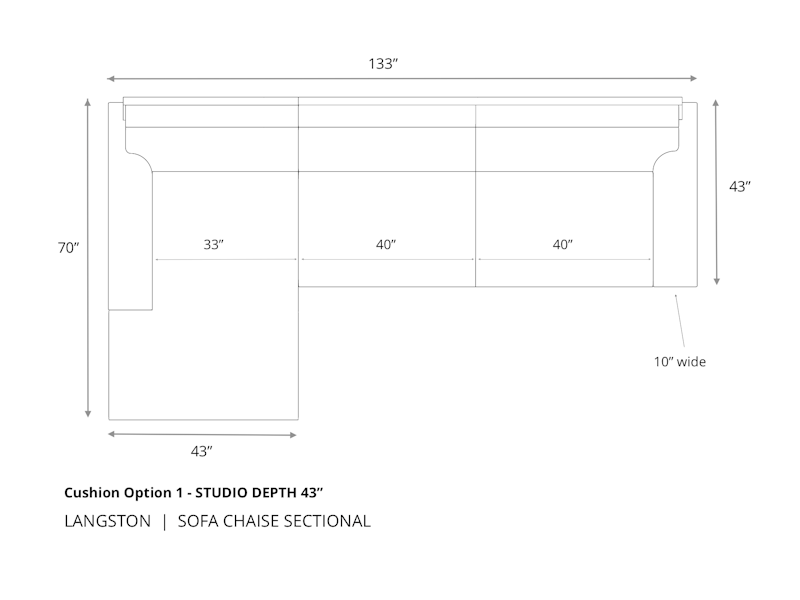 Diagram of Langston Sofa Chaise Sectional in 43 inch depth cushion option 1