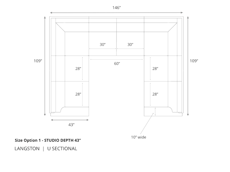 Diagram of Langston U Sectional Sofa in 43 inch depth size option 1