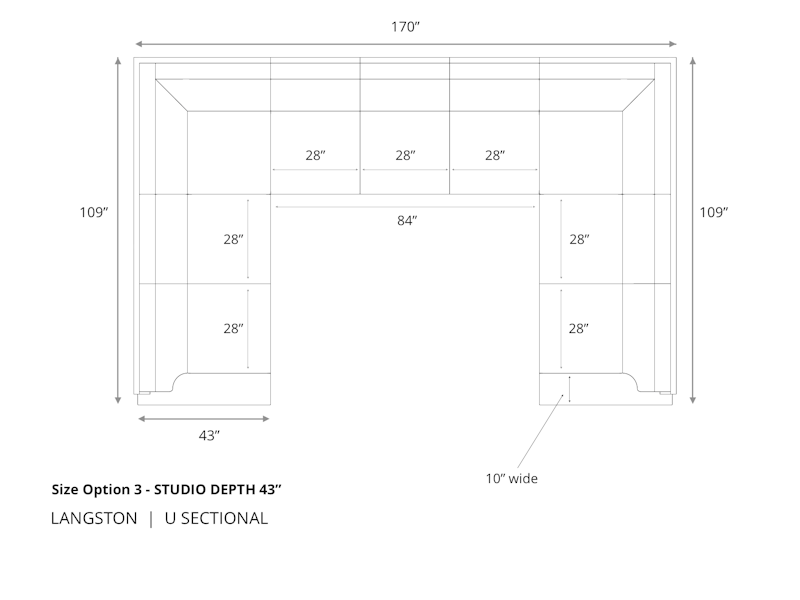 Diagram of Langston U Sectional Sofa in 43 inch depth size option 3