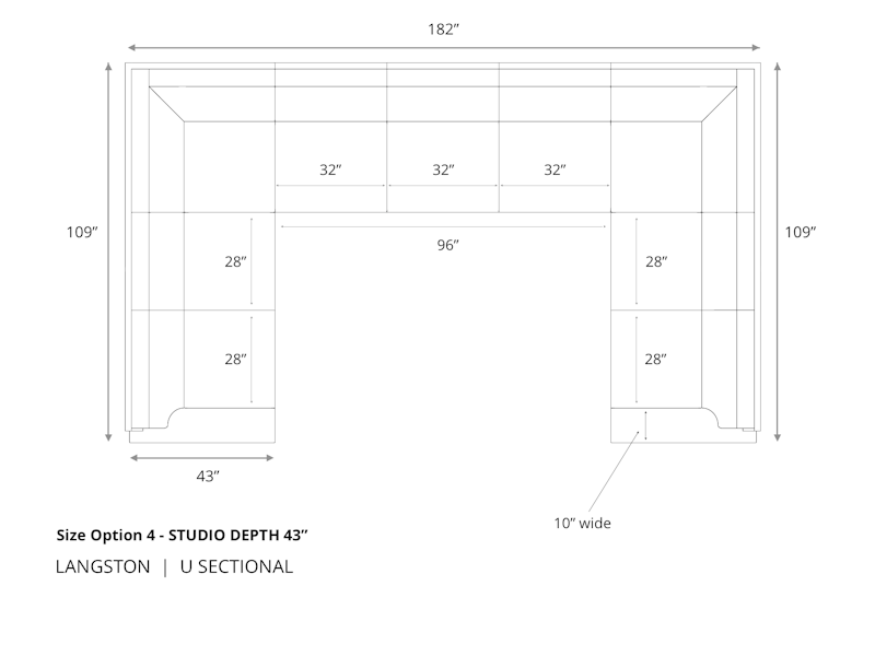 Diagram of Langston U Sectional Sofa in 43 inch depth size option 4