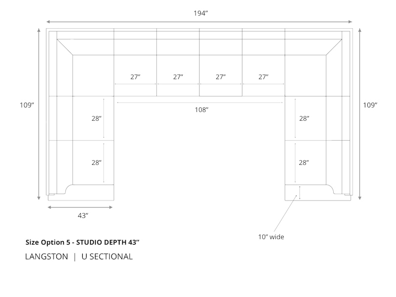 Diagram of Langston U Sectional Sofa in 43 inch depth size option 5