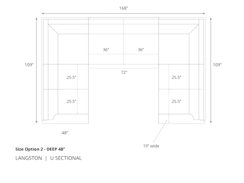 Diagram of Langston U Sectional Sofa in 48 inch depth size option 2