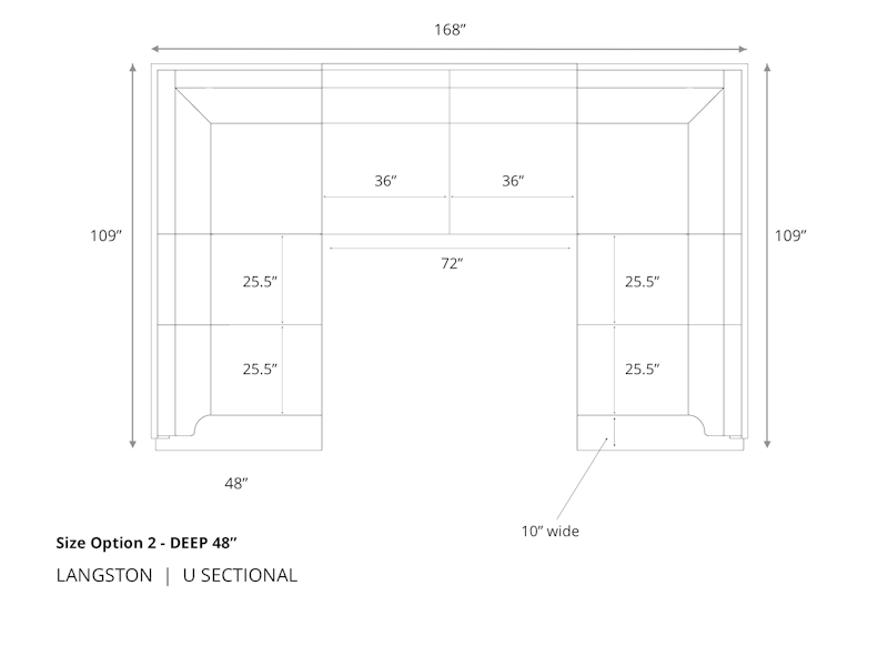 Diagram of Langston U Sectional Sofa in 48 inch depth size option 2