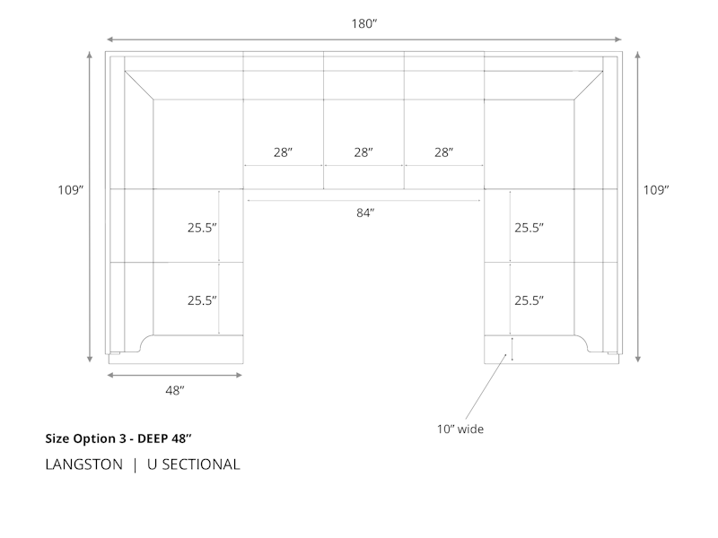 Diagram of Langston U Sectional Sofa in 48 inch depth size option 3