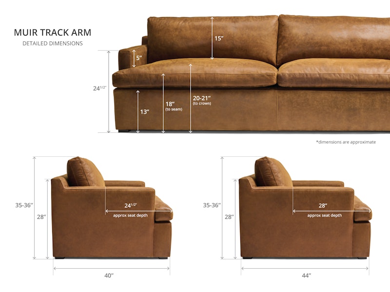 Diagram of Muir Track Arm Leather Furniture general dimensions