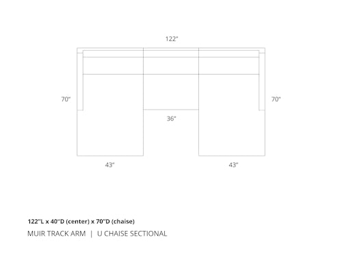 Diagram of Muir Track Arm U Chaise Sectional in 122 inch length with 40 inch deep center section