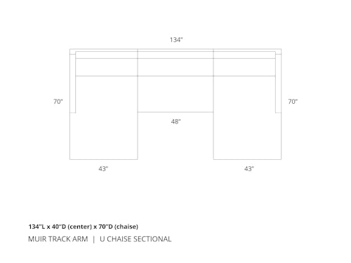 Diagram of Muir Track Arm U Chaise Sectional in 134 inch length with 40 inch deep center section