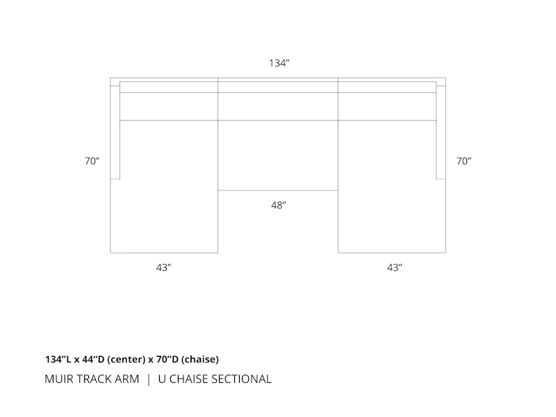 Diagram of Muir Track Arm U Chaise Sectional in 134 inch length with 44 inch deep center section