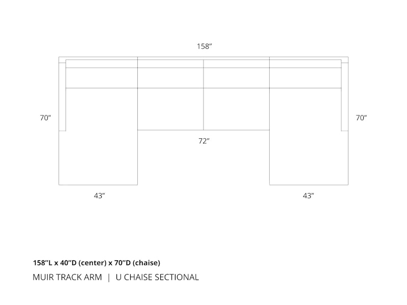 Diagram of Muir Track Arm U Chaise Sectional in 158 inch length with 40 inch deep center section