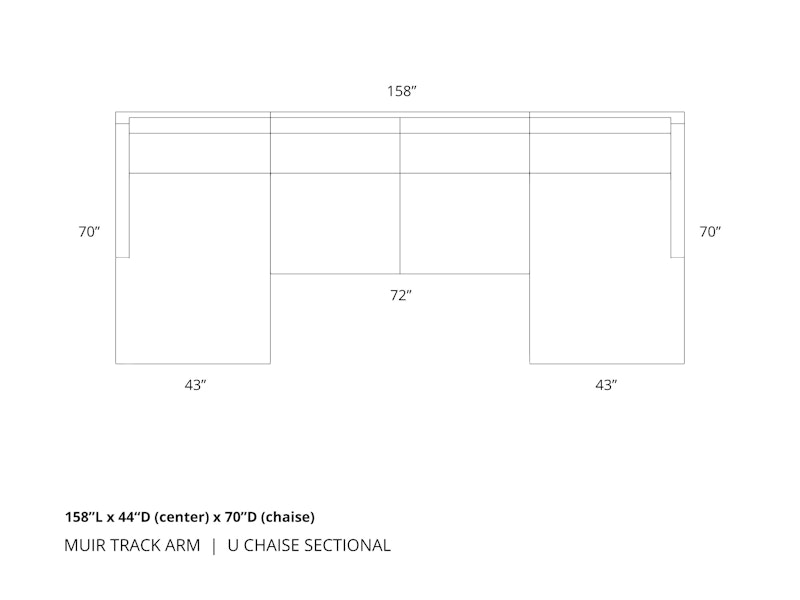 Diagram of Muir Track Arm U Chaise Sectional in 158 inch length with 44 inch deep center section