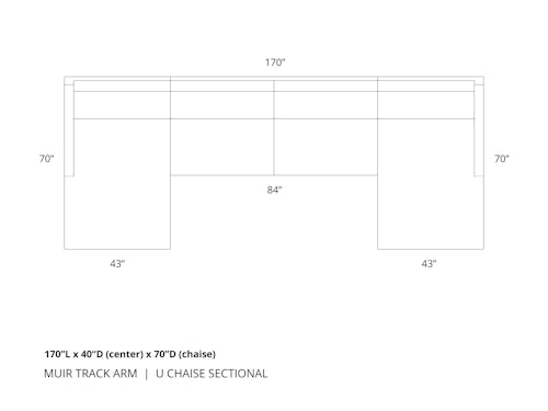 Diagram of Muir Track Arm U Chaise Sectional in 170 inch length with 40 inch deep center section