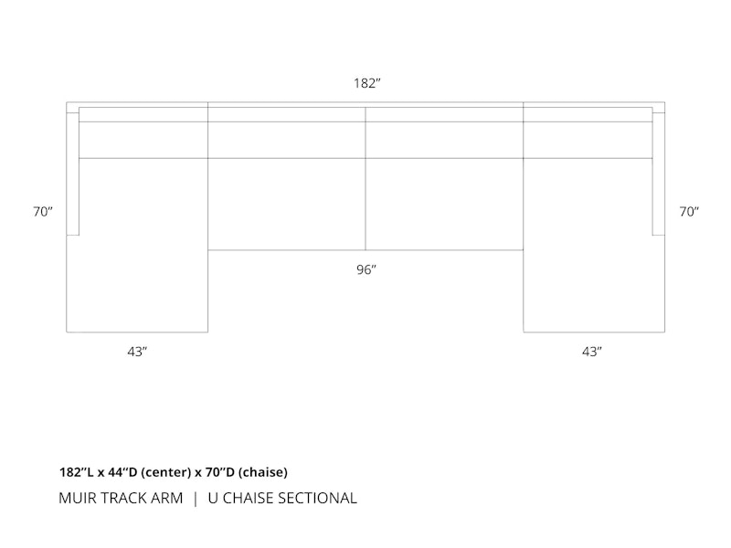 Diagram of Muir Track Arm U Chaise Sectional in 182 inch length with 44 inch deep center section