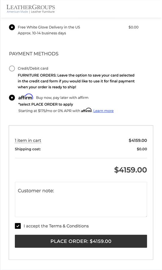 Select Affirm at checkout and place order to apply for financing