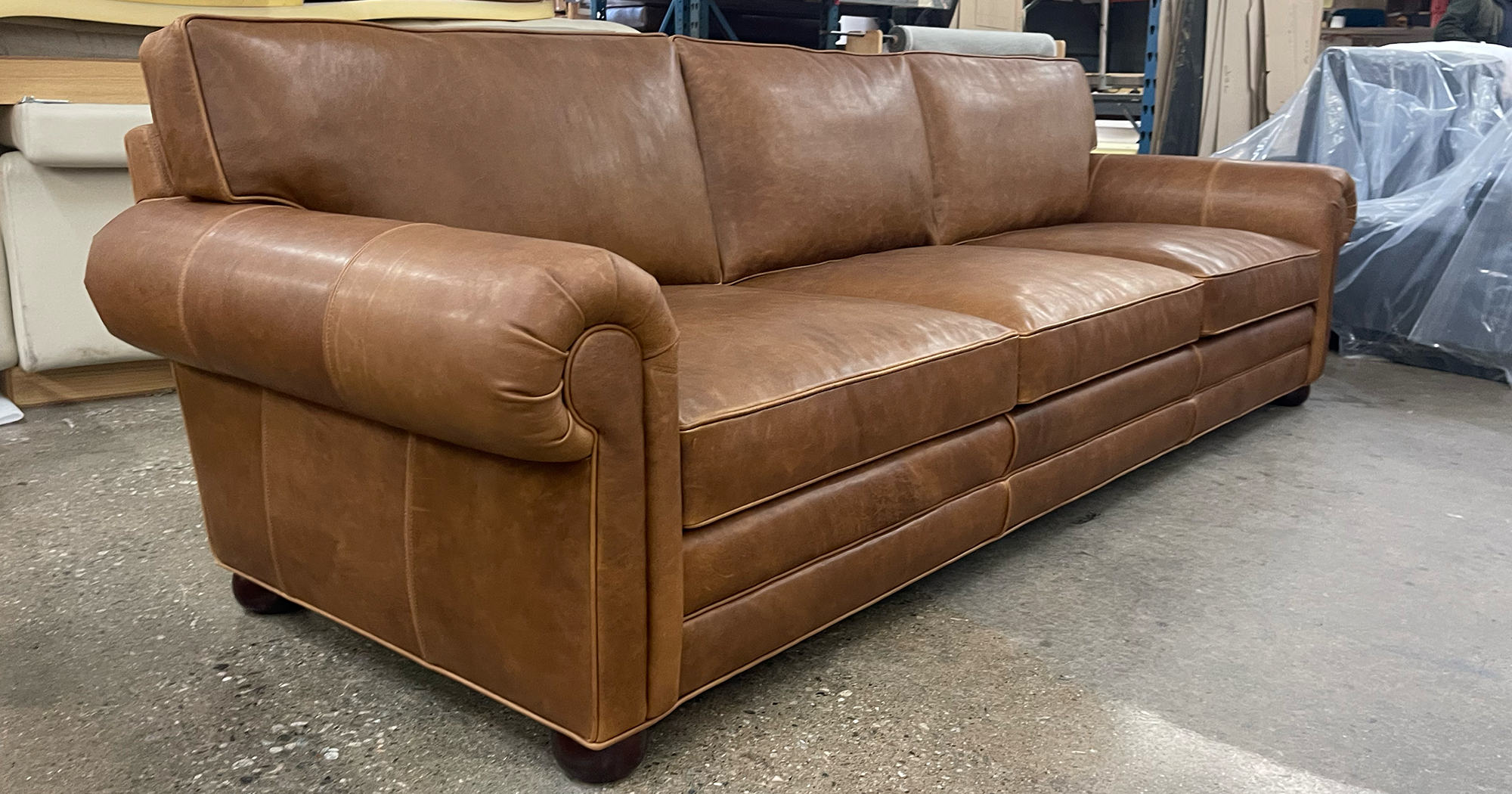 10ft long Langston Sofa in Italian Brentwood Tan leather - 120 inches long x 43 inches deep
